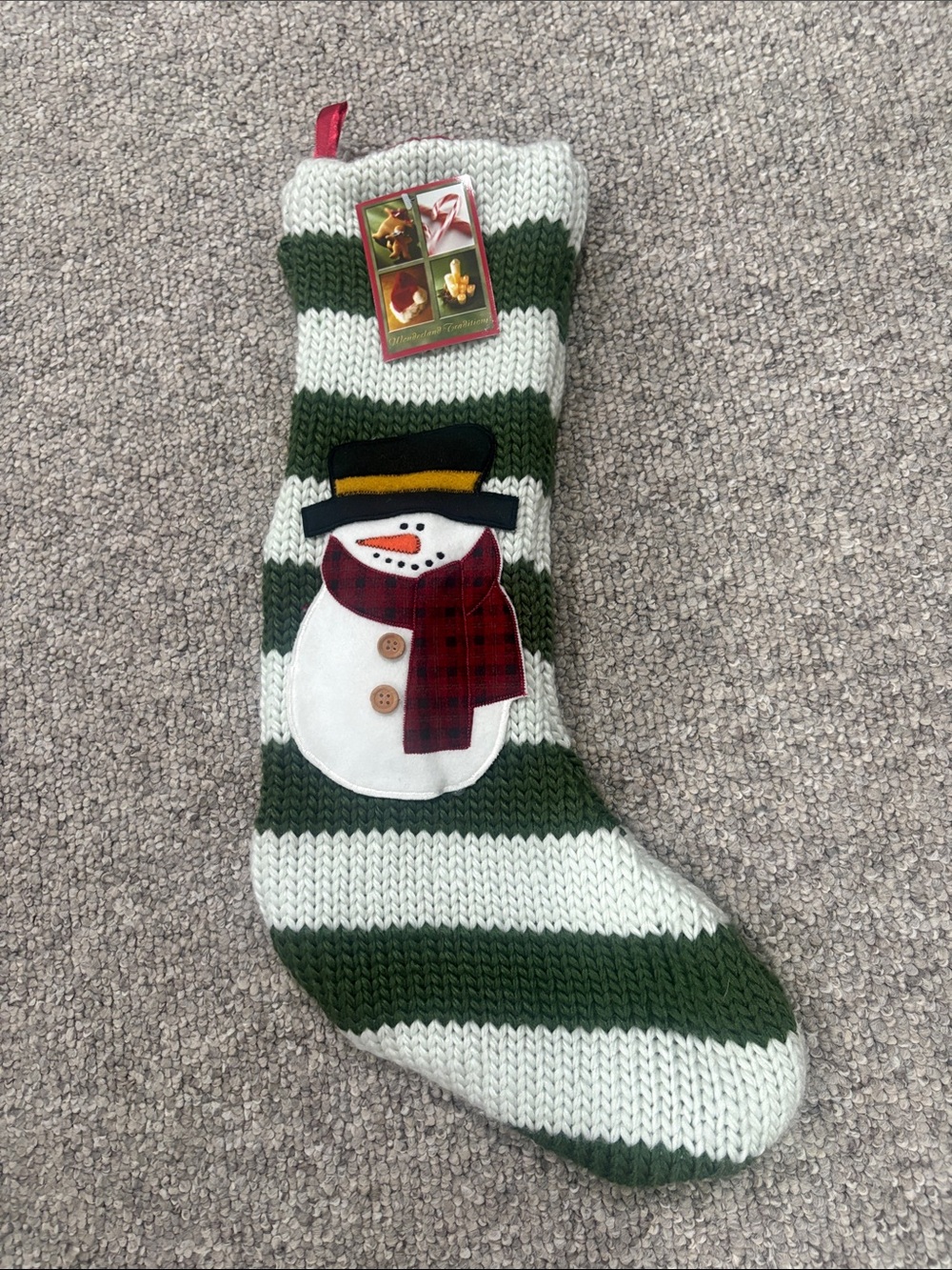 Striped Knit Christmas Stocking with Snowman